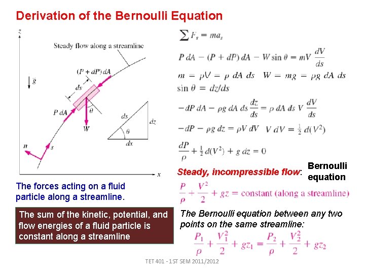 Derivation of the Bernoulli Equation Steady, incompressible flow: The forces acting on a fluid