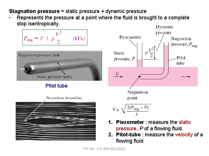 Stagnation pressure = static pressure + dynamic pressure • Represents the pressure at a