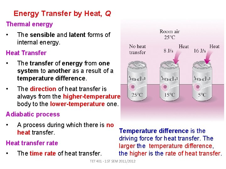 Energy Transfer by Heat, Q Thermal energy • The sensible and latent forms of