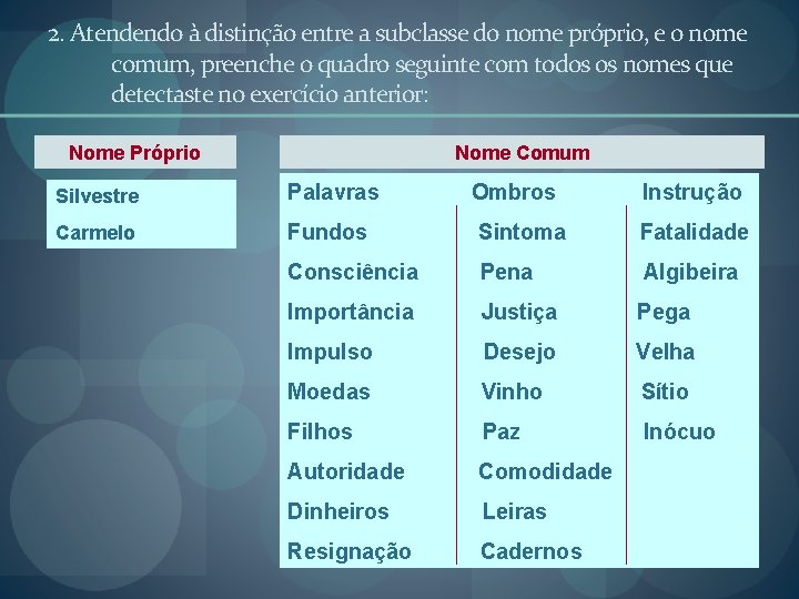 2. Atendendo à distinção entre a subclasse do nome próprio, e o nome comum,