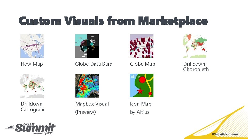 Custom Visuals from Marketplace Flow Map Globe Data Bars Globe Map Drilldown Cartogram Mapbox