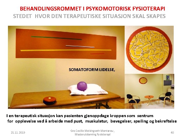 BEHANDLINGSROMMET I PSYKOMOTORISK FYSIOTERAPI STEDET HVOR DEN TERAPEUTISKE SITUASJON SKAL SKAPES SOMATOFORM LIDELSE, I