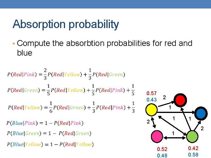 Absorption probability • Compute the absorbtion probabilities for red and blue 0. 57 0.