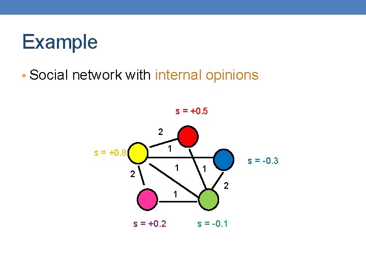 Example • Social network with internal opinions s = +0. 5 2 1 s