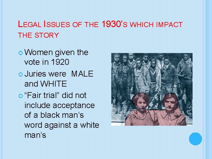 LEGAL ISSUES OF THE 1930’S WHICH IMPACT THE STORY Women given the vote in