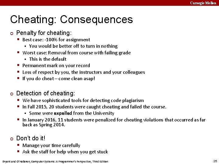 Carnegie Mellon Cheating: Consequences ¢ Penalty for cheating: § Best case: -100% for assignment