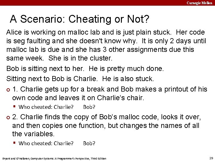 Carnegie Mellon A Scenario: Cheating or Not? Alice is working on malloc lab and