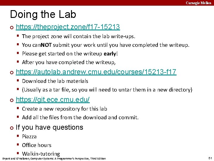 Carnegie Mellon Doing the Lab ¢ https: //theproject. zone/f 17 -15213 § § ¢