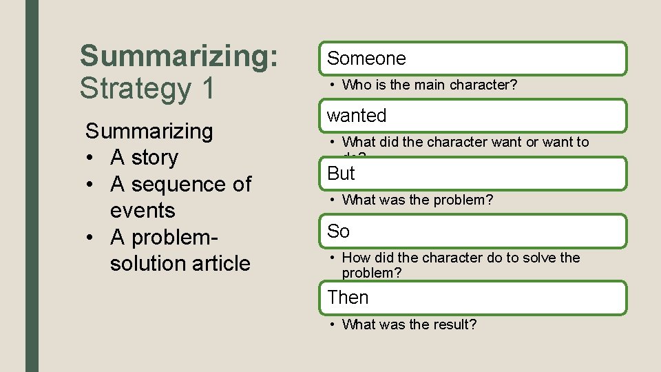 Summarizing: Strategy 1 Summarizing • A story • A sequence of events • A