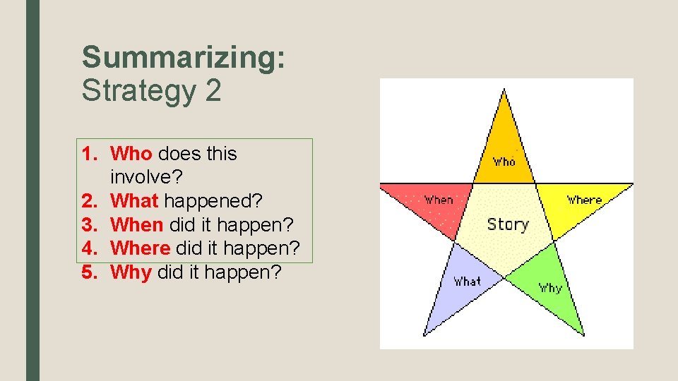 Summarizing: Strategy 2 1. Who does this involve? 2. What happened? 3. When did