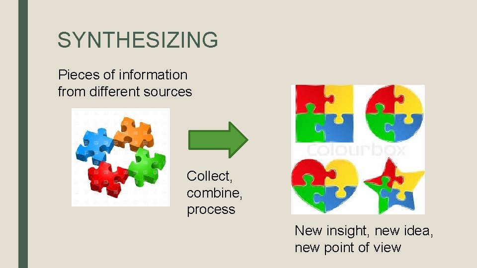 SYNTHESIZING Pieces of information from different sources Collect, combine, process New insight, new idea,