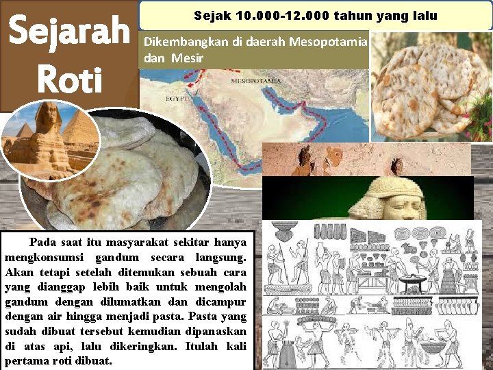 Sejarah Roti Sejak 10. 000 -12. 000 tahun yang lalu Dikembangkan di daerah Mesopotamia