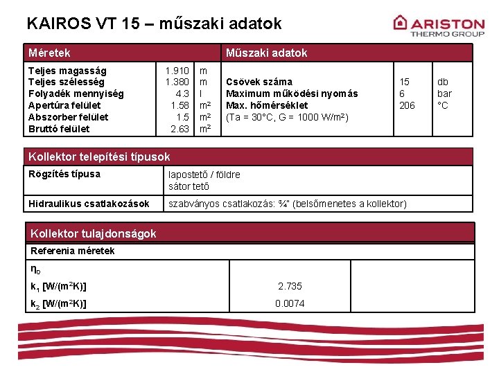 KAIROS VT 15 – műszaki adatok Méretek Teljes magasság Teljes szélesség Folyadék mennyiség Apertúra