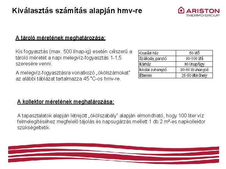 Kiválasztás számítás alapján hmv-re A tároló méretének meghatározása: Kis fogyasztás (max. 500 l/nap-ig) esetén