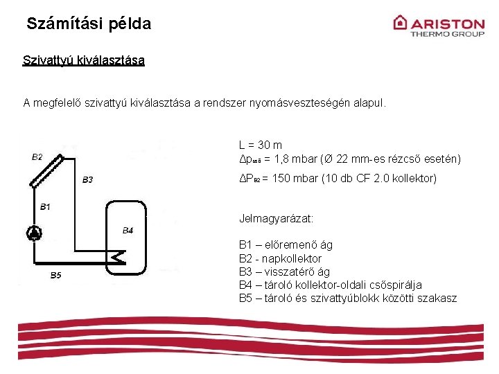 Számítási példa Szivattyú kiválasztása A megfelelő szivattyú kiválasztása a rendszer nyomásveszteségén alapul. L =