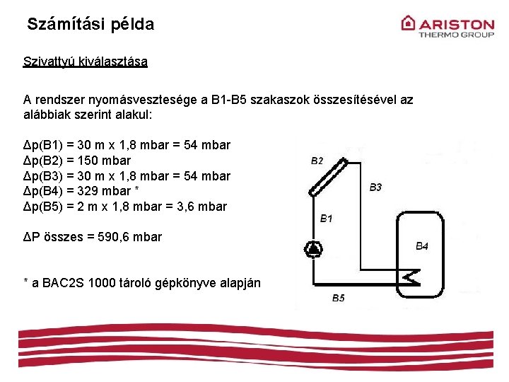 Számítási példa Szivattyú kiválasztása A rendszer nyomásvesztesége a B 1 -B 5 szakaszok összesítésével