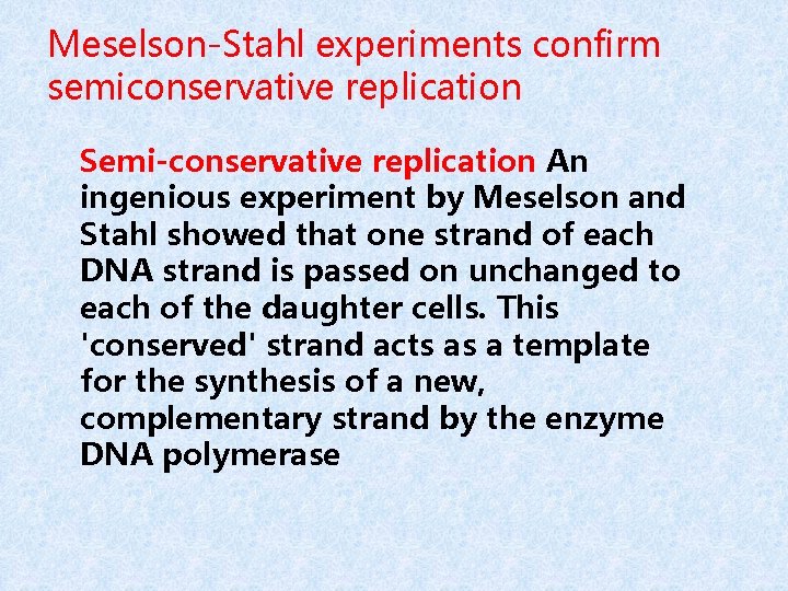 Meselson-Stahl experiments confirm semiconservative replication Semi-conservative replication An ingenious experiment by Meselson and Stahl