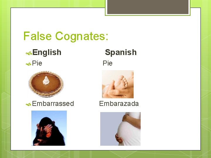 False Cognates: English Pie Embarrassed Spanish Pie Embarazada 