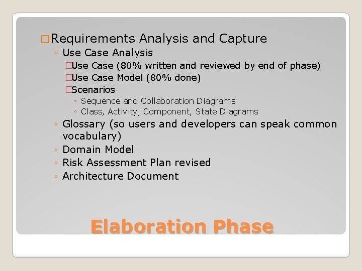 � Requirements Analysis ◦ Use Case Analysis and Capture �Use Case (80% written and