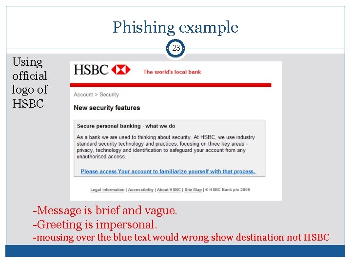 Phishing example 23 Using official logo of HSBC -Message is brief and vague. -Greeting