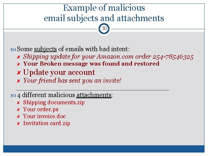 Example of malicious email subjects and attachments 30 Some subjects of emails with bad