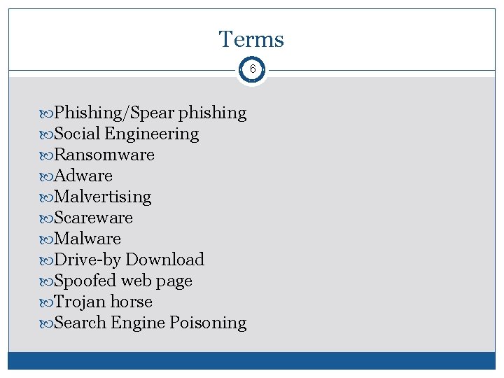 Terms 6 Phishing/Spear phishing Social Engineering Ransomware Adware Malvertising Scareware Malware Drive-by Download Spoofed Terms 6 Phishing/Spear phishing Social Engineering Ransomware Adware Malvertising Scareware Malware Drive-by Download Spoofed