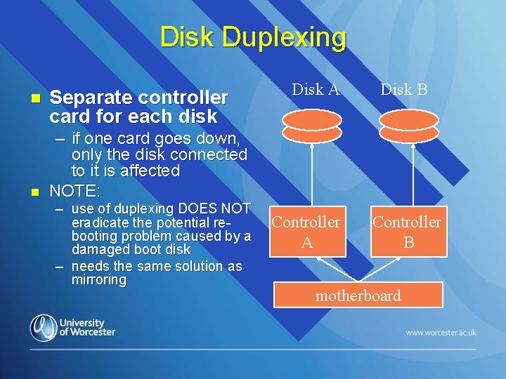 Disk Duplexing n n Separate controller card for each disk Disk A Disk B