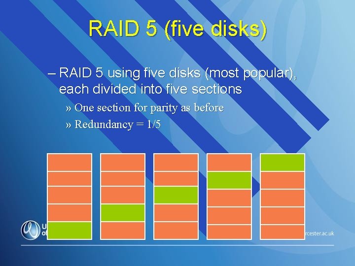RAID 5 (five disks) – RAID 5 using five disks (most popular), each divided