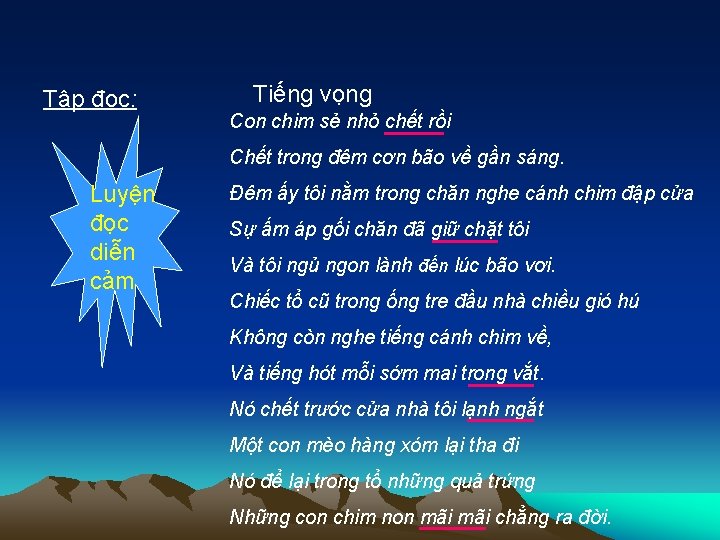 Tập đọc: Tiếng vọng Con chim sẻ nhỏ chết rồi Chết trong đêm cơn