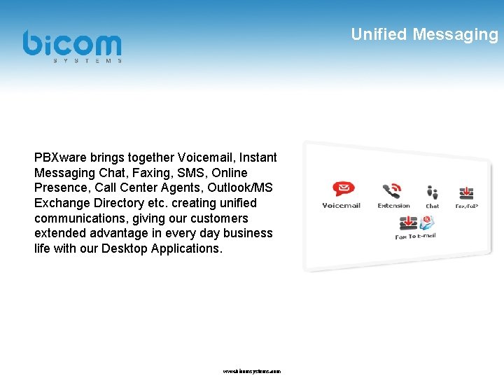 Unified Messaging PBXware brings together Voicemail, Instant Messaging Chat, Faxing, SMS, Online Presence, Call