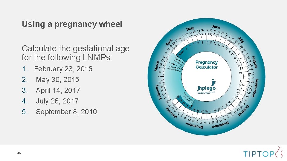 Using a pregnancy wheel Calculate the gestational age for the following LNMPs: 1. February