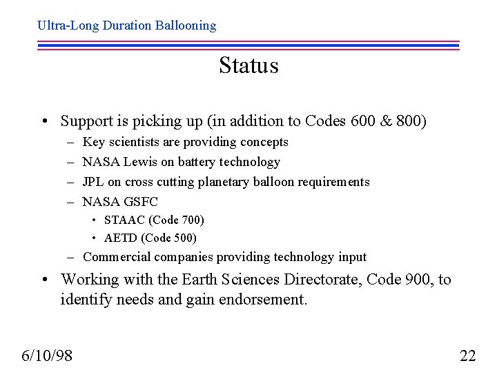 Ultra-Long Duration Ballooning Status • Support is picking up (in addition to Codes 600