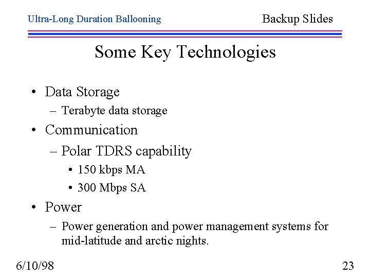 Ultra-Long Duration Ballooning Backup Slides Some Key Technologies • Data Storage – Terabyte data