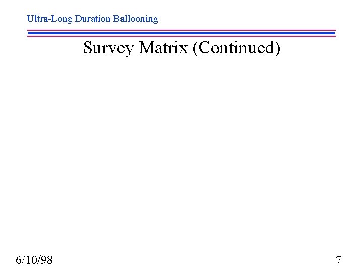 Ultra-Long Duration Ballooning Survey Matrix (Continued) 6/10/98 7 