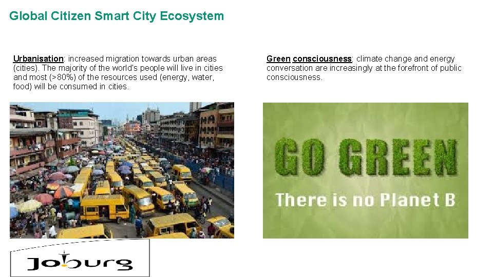 Global Citizen Smart City Ecosystem Urbanisation: increased migration towards urban areas (cities). The majority