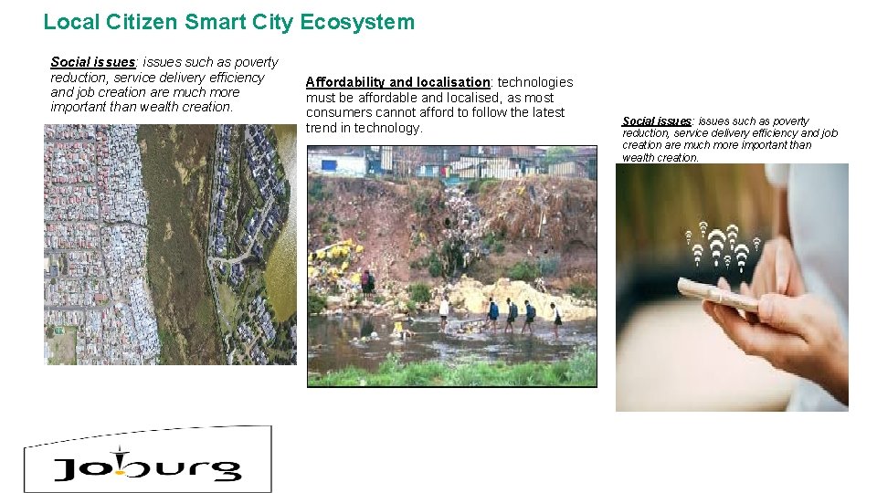 Local Citizen Smart City Ecosystem Social issues: issues such as poverty reduction, service delivery