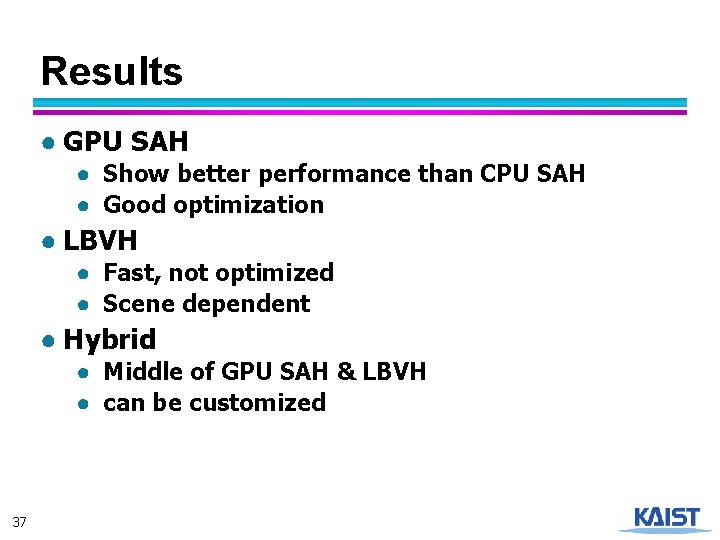 Results ● GPU SAH ● Show better performance than CPU SAH ● Good optimization