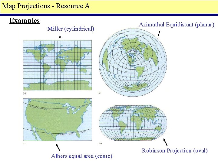 Map Projections - Resource A Examples Miller (cylindrical) Albers equal area (conic) Azimuthal Equidistant