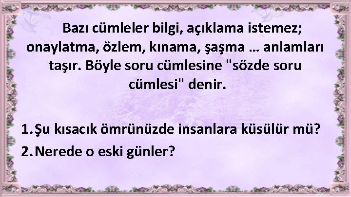 Bazı cümleler bilgi, açıklama istemez; onaylatma, özlem, kınama, şaşma … anlamları taşır. Böyle soru