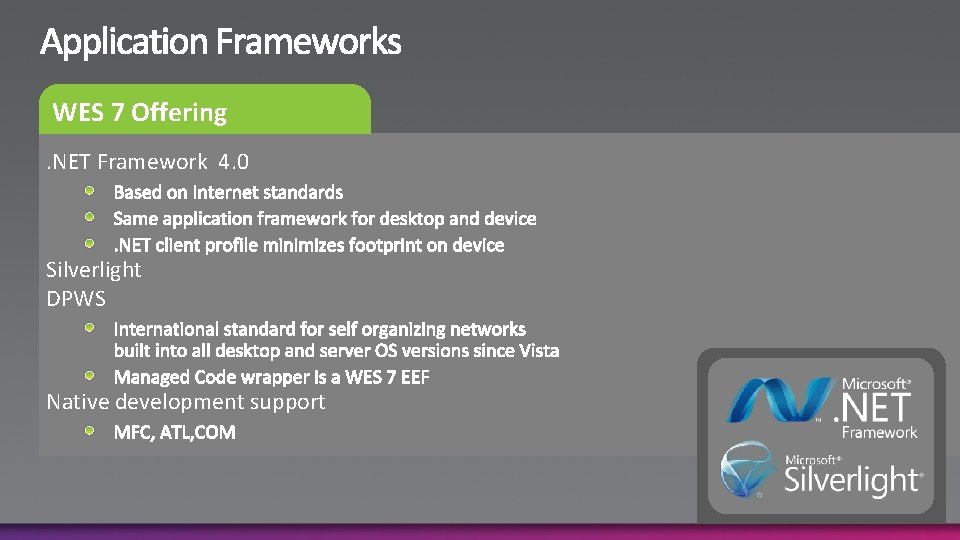 WES 7 Offering. NET Framework 4. 0 Silverlight DPWS Native development support 