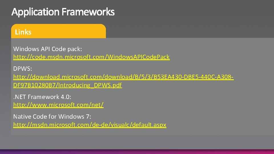 Links Windows API Code pack: http: //code. msdn. microsoft. com/Windows. APICode. Pack DPWS: http: