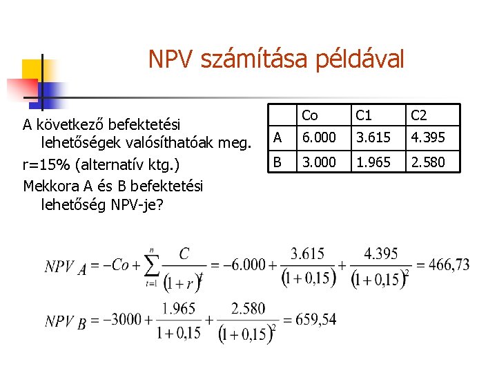 NPV számítása példával A következő befektetési lehetőségek valósíthatóak meg. r=15% (alternatív ktg. ) Mekkora