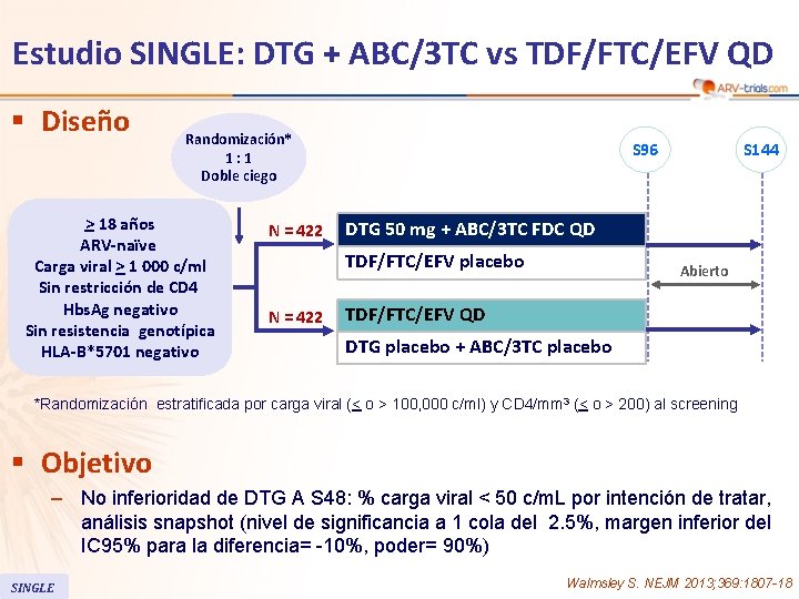 Estudio SINGLE: DTG + ABC/3 TC vs TDF/FTC/EFV QD § Diseño Randomización* 1: 1