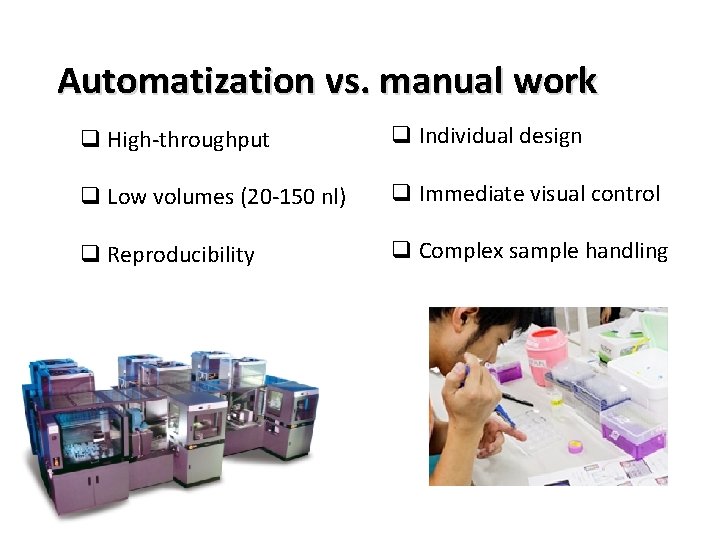 Automatization vs. manual work q High-throughput q Individual design q Low volumes (20 -150