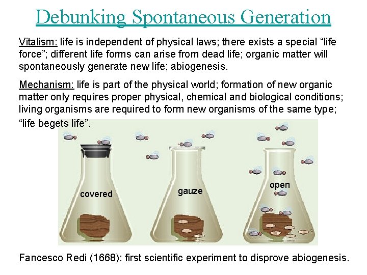 Debunking Spontaneous Generation Vitalism: life is independent of physical laws; there exists a special