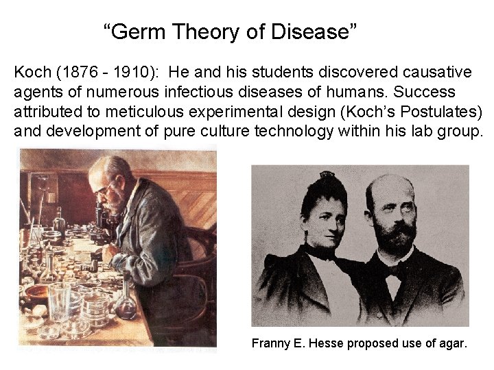 “Germ Theory of Disease” Koch (1876 - 1910): He and his students discovered causative