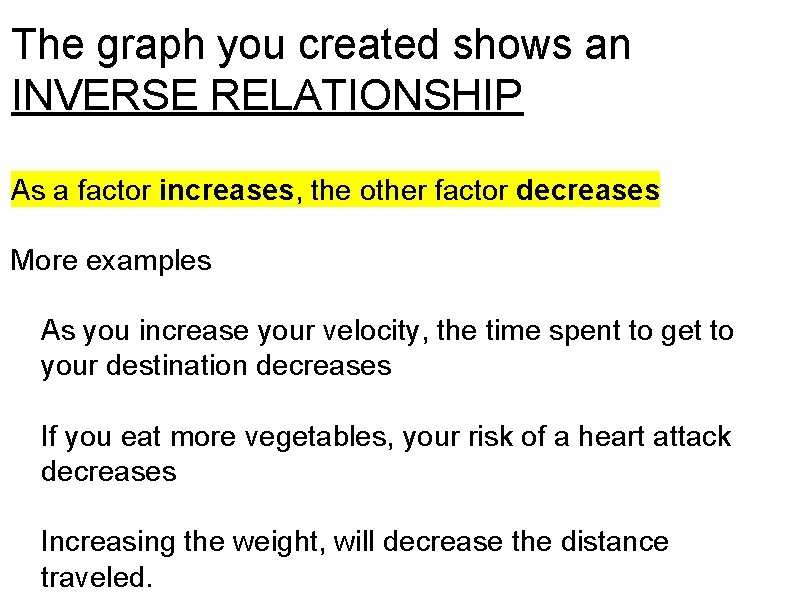 The graph you created shows an INVERSE RELATIONSHIP As a factor increases, the other