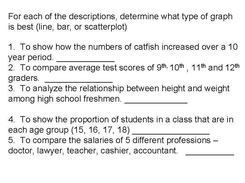 For each of the descriptions, determine what type of graph is best (line, bar,