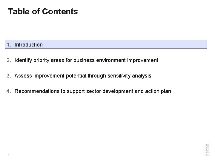 Table of Contents 1. Introduction 2. Identify priority areas for business environment improvement 3.