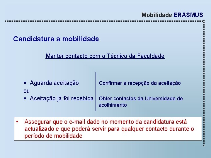 Mobilidade ERASMUS Candidatura a mobilidade Manter contacto com o Técnico da Faculdade § Aguarda